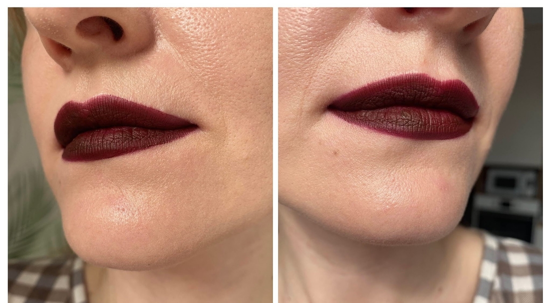 Sephora Cream Lip Stain в оттенке 27 на губах: слева просто при дневном свете, справа прямо напротив окна