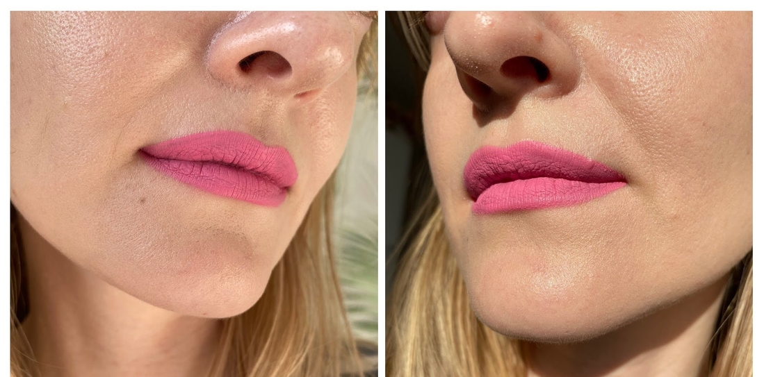 Sephora Cream Lip Stain в оттенке 67 на губах: слева просто дневной свет, справа на солнышке