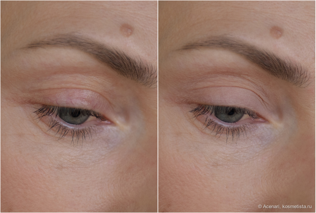 Слева - чистое веко, без базы; справа - нанесла светлый оттенок на всё веко