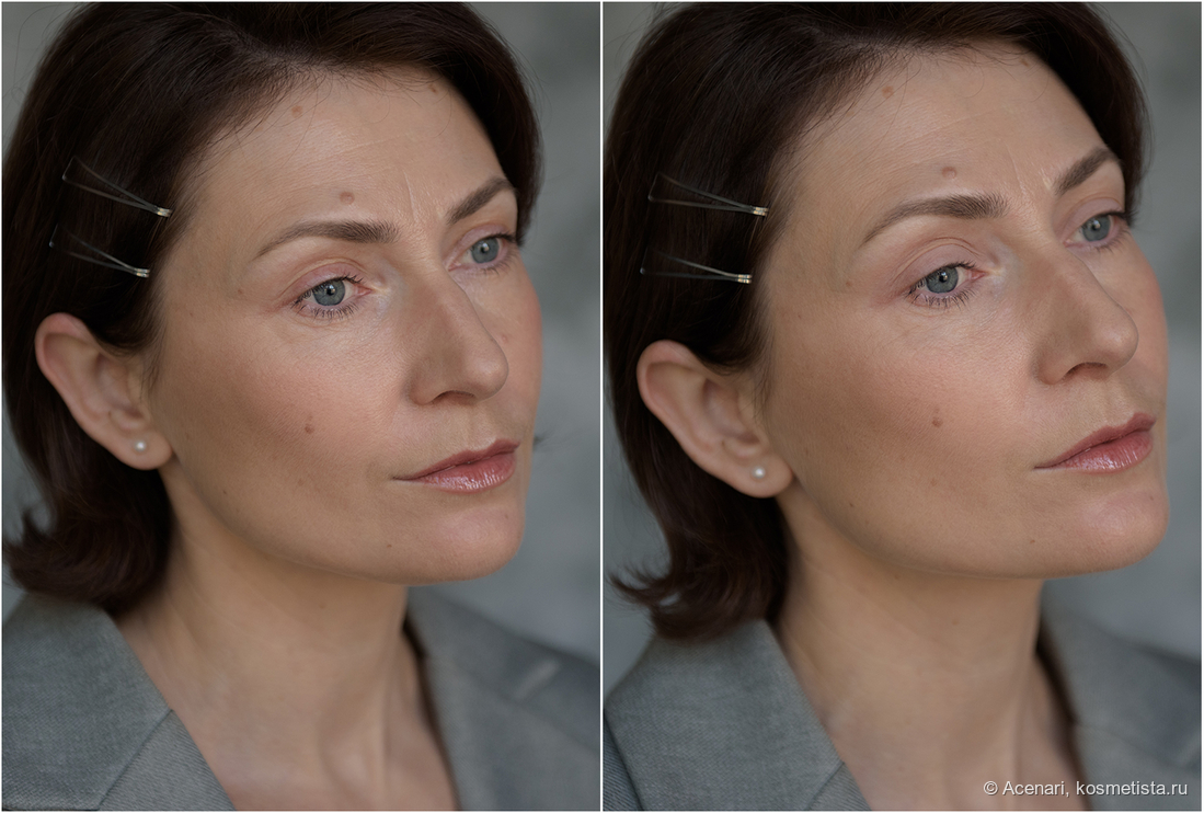 Слева - чистые веки, без базы; справа - нанесла светлый оттенок на всё веко