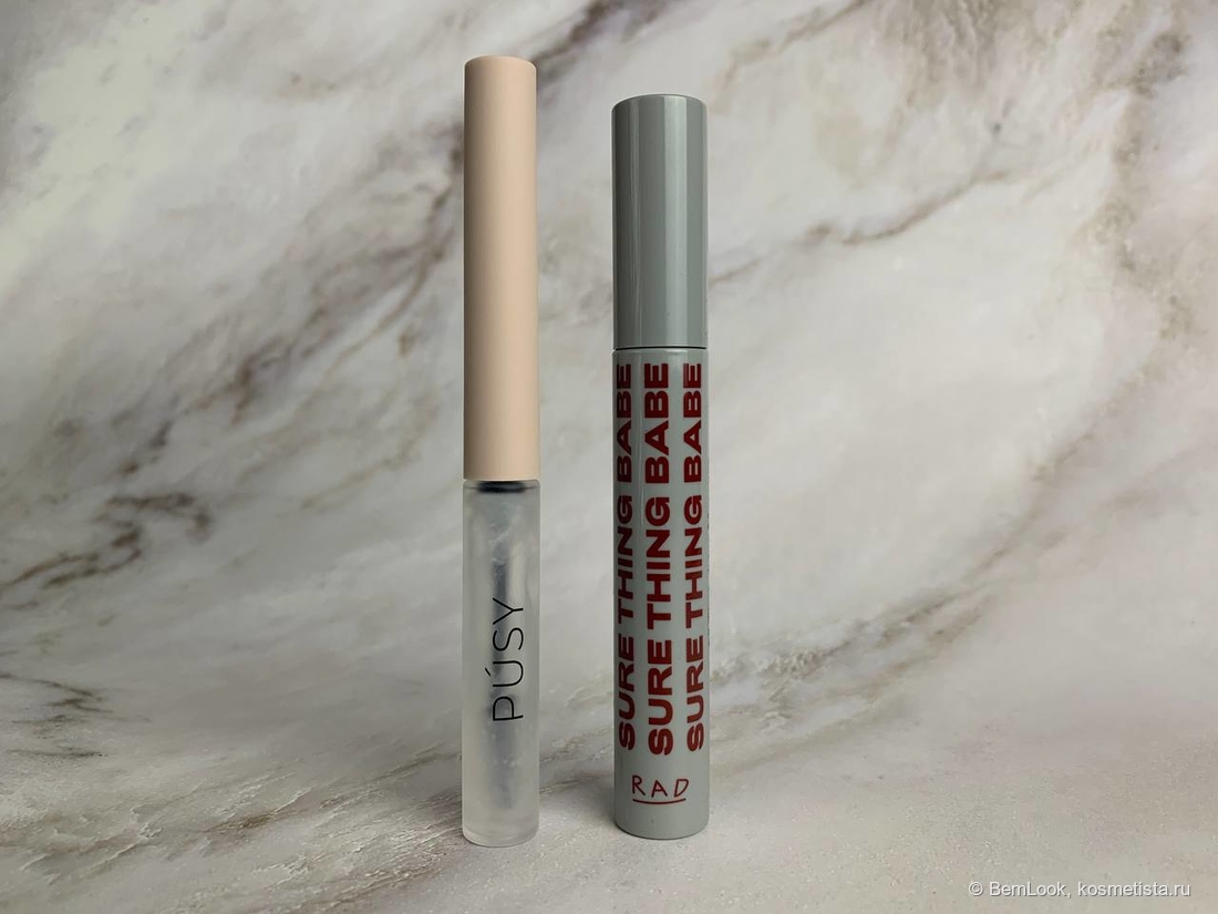 Гель для бровей Pusy brow fix gel и тушь Rad в оттенке 001 Oxblood