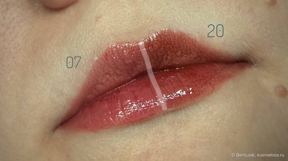 Сравнительный свотч на губахJuicy lasting tint в оттенках 07 Jujube и 20 Dark Coconut