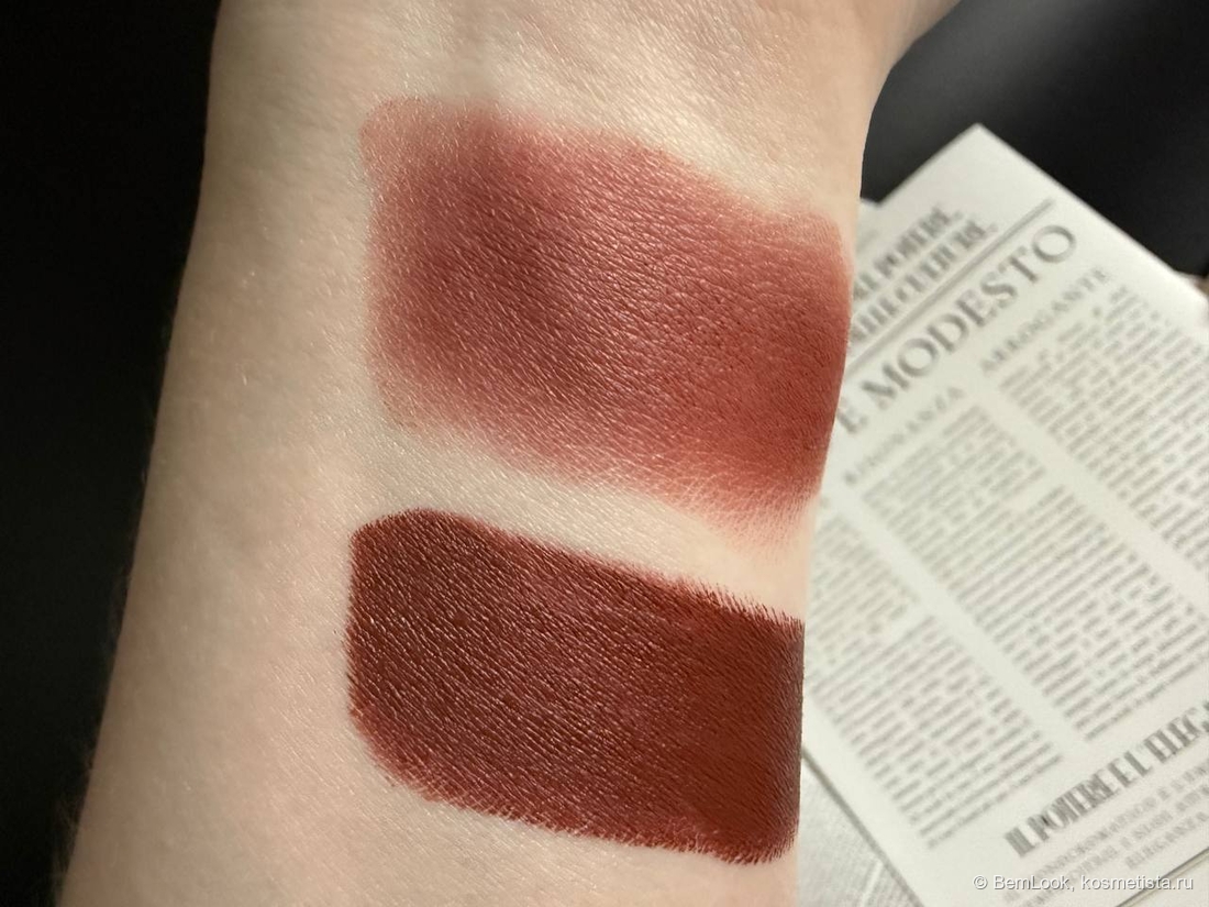 Свотчи Note mattemoist lipstick в оттенке 316 Coco Toffee тонким и плотным слоем