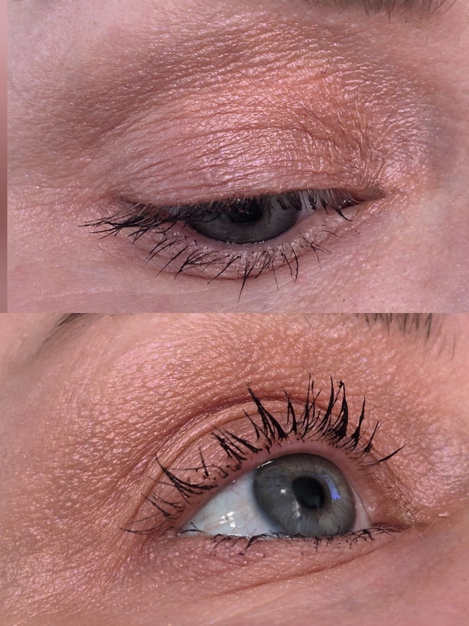 Brun rose на глазах и тушь Noir rouge. Вверху дневное освещение, внизу - с лампой дневного света