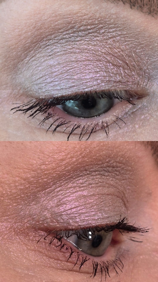 Основа тени Ilya в оттенке Dove, в складке Brun rose, на подвижном веке Gris rose при дневном (вверху) и искуственном освещении. Стойкость в этом случае - до смывания.