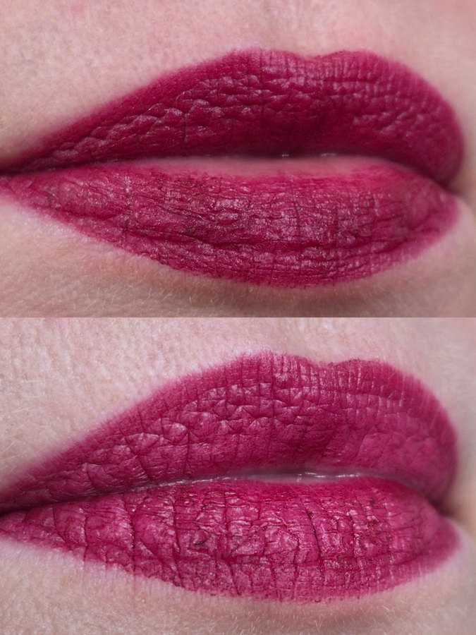 Вверху - по линии смыкания губ. Ниже - через примерно 2 часа после нанесения и чашки кофе, всё суше и суше, рельеф становится заметнее.