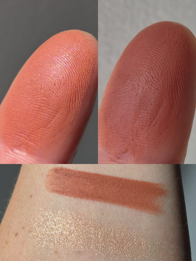 В  тени видна та розовинка, о которой я упоминала. Но на солнце это даже персиковый. Заодно и хайлайтер на свотче.