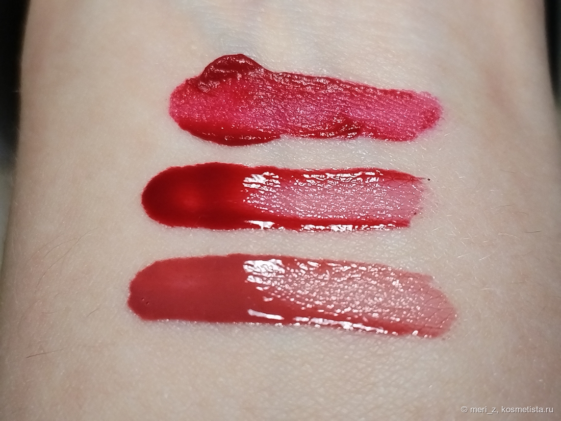 Снизу вверх: Juicy Lasting Tint #06 Fig Fig, Juicy Lasting Tint #012 Cherry Bomb, Zero Velvet Tint #07 Fizz