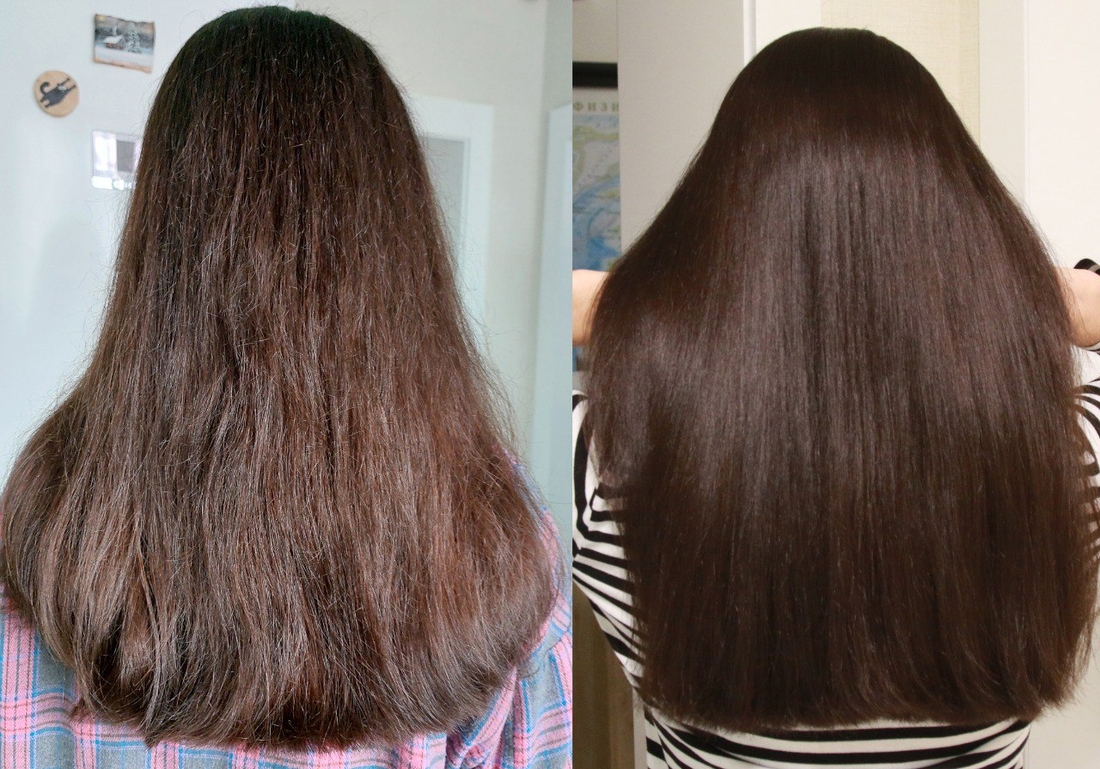 Слева фото после использования маски Vois, а справа фото после использования моего любимого ухода за волосами