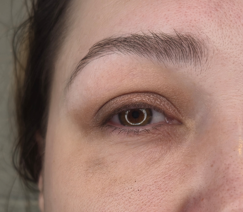 Лососевый оттенок на все веко и затемнила темным оттенком